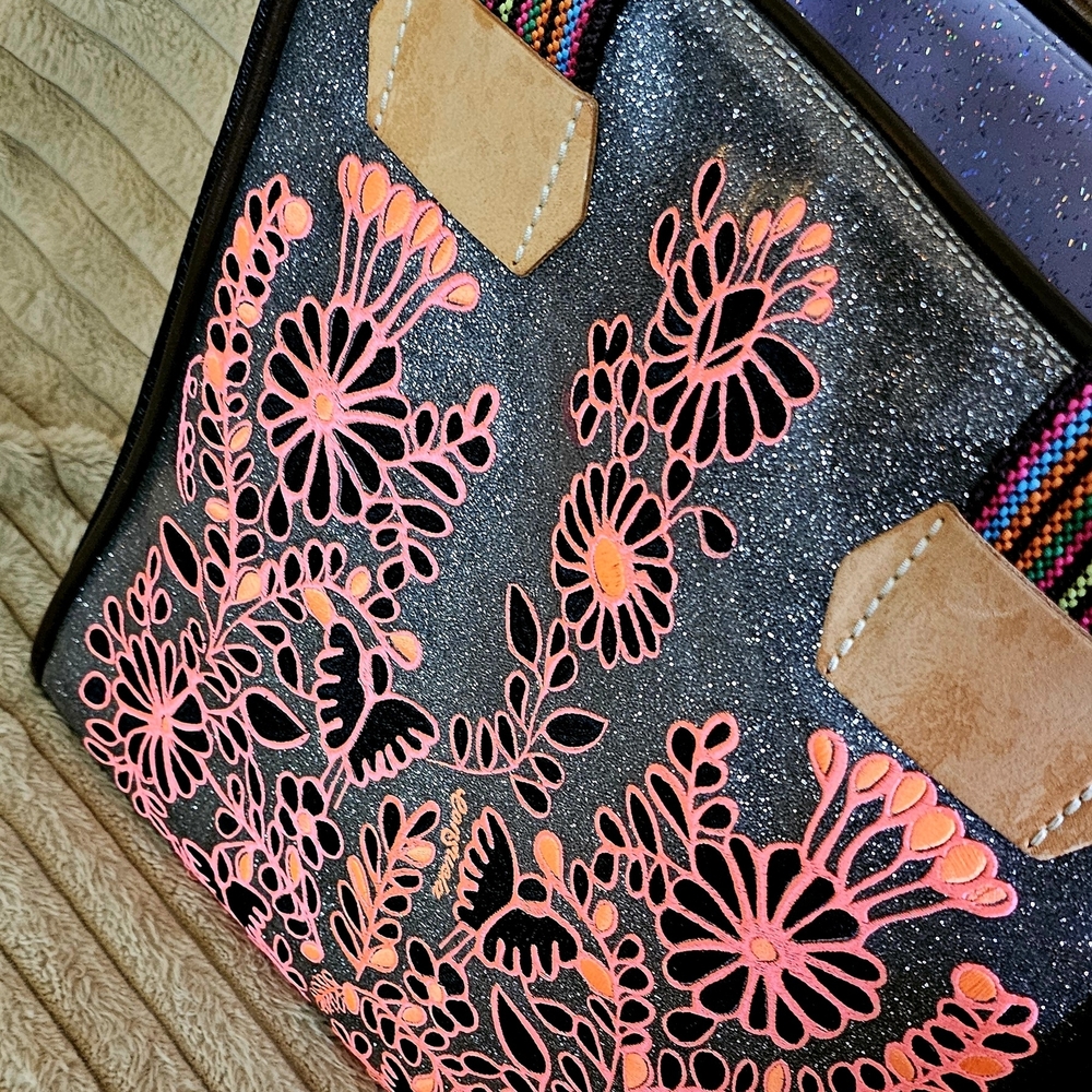 Consuela Black Tote with Pink Floral Cutout and Tan Accents